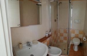 ein Badezimmer mit Waschbecken, Dusche und Toilette in der Unterkunft Il Moro in Geremèas