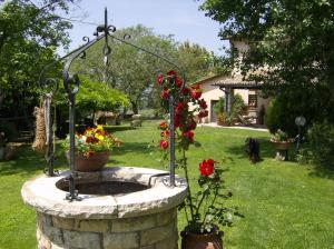a stone fountain with flowers in a yard at Tenuta del Casale del Jazz - Jazz Emotional Experience - Rooms & Camping in the Countryside in Salisano