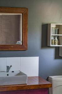 La salle de bains est pourvue d'un lavabo et d'un miroir. dans l'établissement Gondwana Damara Mopane Lodge, à Mopane Pos