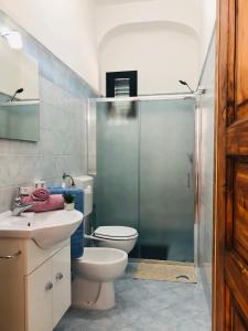 y baño con ducha, aseo y lavamanos. en Appartamento Renis en Sant'Isidoro