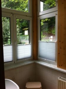 a bathroom with three windows with white blinds at Pension Tannenrausch in Friedrichroda