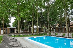 uma piscina com espreguiçadeiras e um resort em Barack Thermal & Natura Apartments em Tiszakécske