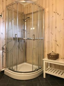 una doccia con box in vetro in un bagno di Kvamseter Lodge - Mountain Apartments a Norheimsund
