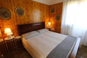 1 dormitorio con 1 cama grande y paredes de madera en La petite maison en Sirmione