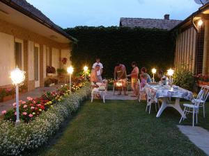 a group of people standing in a garden at night at Amália Apartman in Gyula