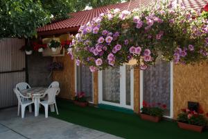 a patio with a table and chairs and flowers at Amália Apartman in Gyula