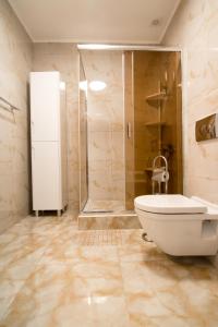 ein Badezimmer mit einer Dusche, einem WC und einer Badewanne in der Unterkunft LUX Apartment near Arena City in Kiew