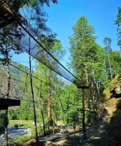 a hammock in a forest with a river and trees at Il bilocale della nonna in Locana