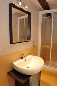 a bathroom with a sink and a mirror and a shower at El Balcon De La Catedral in El Burgo de Osma