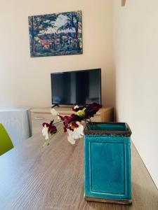 a vase with flowers on a table with a tv at Brickyard Apartments Cluj in Cluj-Napoca