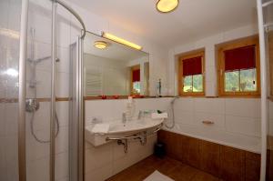 un baño con lavabo y ducha en Chalet Schnee, en Mayrhofen