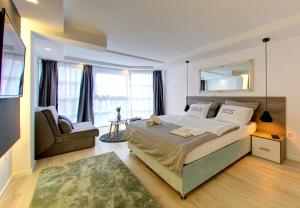 1 dormitorio con 1 cama grande y espejo en Emerald Apartment, en Mostar