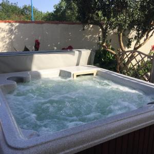 una bañera de hidromasaje en un patio trasero con agua en Happy House St Cyp en Saint-Cyprien
