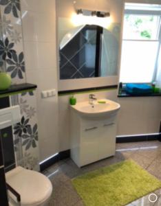 a bathroom with a sink and a toilet and a mirror at Mountain and Lake Views beautiful Miedzybrodzie in Międzybrodzie Bialskie