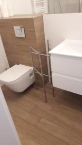 a bathroom with a toilet and a sink at Lazurowy Apartament in Kołobrzeg