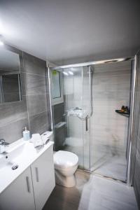 a bathroom with a shower and a toilet and a sink at Gaspar Apartment - 4th floor - Renovated 2019 in Athens