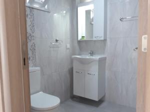 bagno bianco con servizi igienici e lavandino di kekil butik otel a Gokceada Town