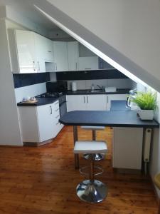 a kitchen with white cabinets and a blue counter top at Apartament Kiepury in Zamość