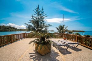 a patio with a bench and a tree on a deck at Wikkid Resort in Dixon Cove