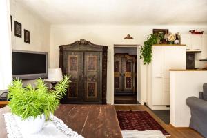 a living room with a tv and a large wooden door at Apartment Ischl Home in Bad Ischl