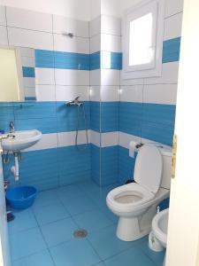 a blue and white bathroom with a toilet and a sink at Villa Kristina in Himare +28 photos