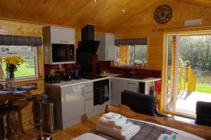 a kitchen with white appliances in a wooden cabin at Balmoral Studio Lodge in Ellesmere