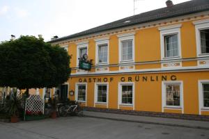 a yellow building with the name of a catctor grumbling at Gasthof Grünling in Wallsee