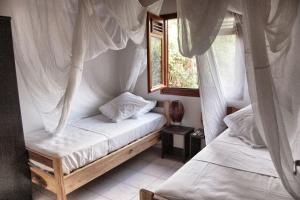 een slaapkamer met twee bedden en een raam bij Villa Tara Fort Royal in Deshaies