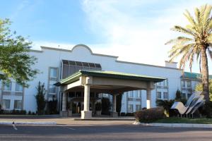 un grand bâtiment blanc avec des palmiers devant lui dans l'établissement Hotel Victoria Express, à Durango
