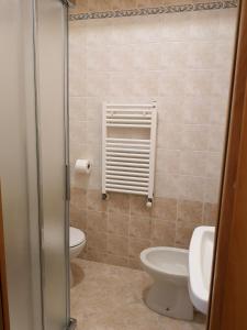 La salle de bains est pourvue de toilettes blanches et d'un lavabo. dans l'établissement Albergo Felice, à Sottomarina