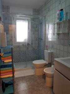 Un baño con ducha, inodoro y lavabo. en Apartamento Las Hermanas, en Pontevedra
