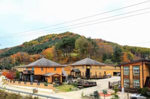 a group of buildings with a mountain in the background at Daegwanryeong Egg Guesthouse in Pyeongchang