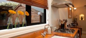 een keukenraam met vazen met gele bloemen erin bij Charming Wanaka Cottage in Wanaka