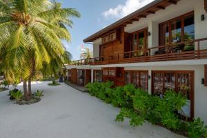 a house on the beach with a palm tree at Aveyla Manta Village in Dharavandhoo