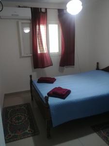 a bedroom with a bed and a window with red curtains at Apartment for relaxing and for health in Haifa