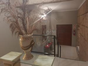 Fa'Trez Guest House & Spa في بريتوريا: مزهرية مع زرع يجلس على طاولة زجاجية