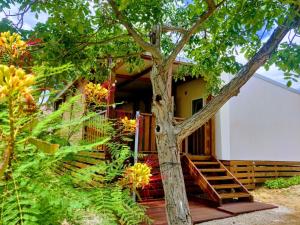 a house with a wooden staircase in front of a tree at Mobile Homes Krko Pirovac in Pirovac
