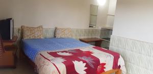 a bedroom with a bed with a colorful blanket at Padmaa Hampi Villa in Hampi