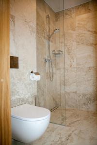a bathroom with a toilet and a glass shower at Riverside Apartment in Pärnu