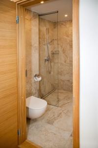 ein Bad mit einer Dusche, einem WC und einem Waschbecken in der Unterkunft Riverside Apartment in Pärnu