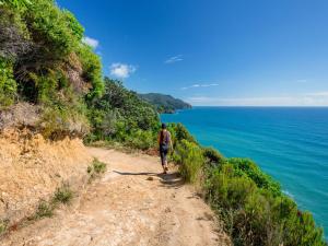 eine Person, die auf einer unbefestigten Straße neben dem Meer läuft in der Unterkunft Tasman Holiday Parks - Waihi Beach in Waihi Beach