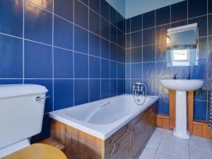 a blue bathroom with a tub and a sink at Holiday Home Mountain View Farm by Interhome in Llanfachreth