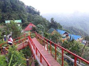 a woman walking up a red staircase on a mountain at Rainbow Valley Resort in Sonāda
