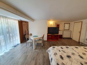 Schlafzimmer mit einem Bett, einem Tisch und einem TV in der Unterkunft Rooms Jurca in Postojna