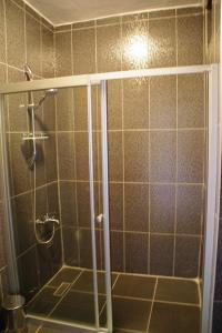 y baño con ducha y puerta de cristal. en Nemrut Kervansaray Hotel, en Karadut
