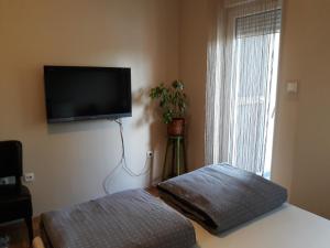 a bedroom with a bed and a flat screen tv at Sovica in Temerin