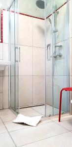 La salle de bains est pourvue d'une douche avec des portes en verre. dans l'établissement Pensiunea Margareta, à Alba Iulia
