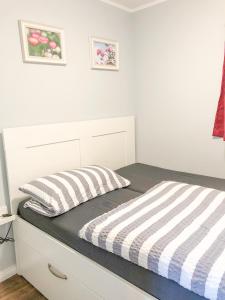 a bed with a striped comforter and two pillows on it at Reetferienhaus - Schaprode Hafen in Schaprode