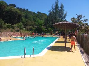 un grupo de personas en una piscina con sombrilla en Càmping Parc Gualba, en Gualba de Dalt