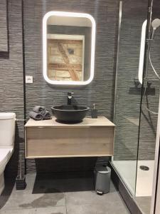 y baño con lavabo con espejo y ducha. en Carpe Diem Home - Au pied de la Cathédrale en Estrasburgo